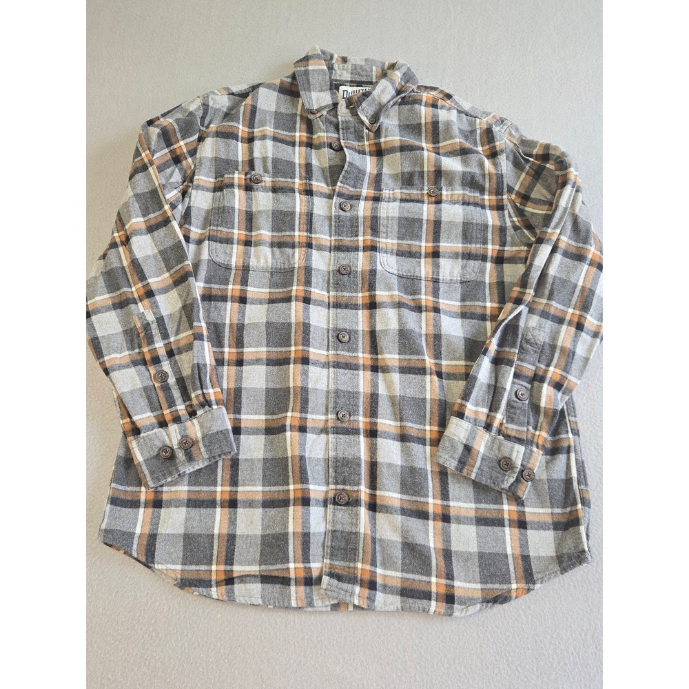 Duluth Trading Co Flannel Shirt Mens Medium Grey Orange Plaid Relaxed Fit Cotton